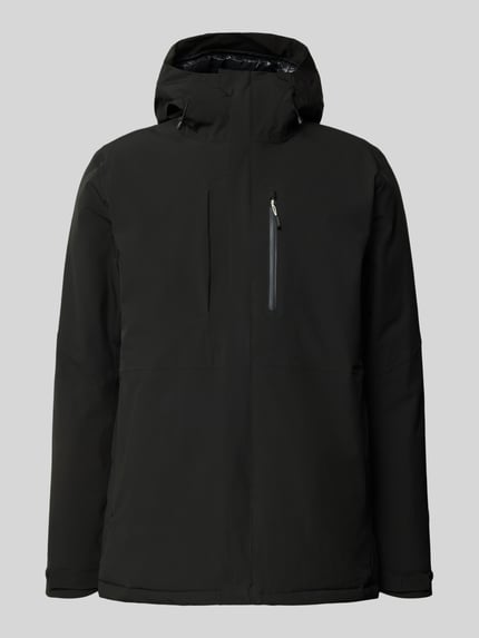 Produktfoto, schwarzer Parka mit Kapuze und Ärmelriegeln Modell 'BAKERHILL' von Icepeak, Material-Mix mit Stretch, sichtbare Brusttasche