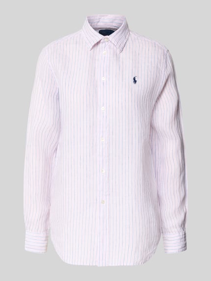 Produktfoto, Hemdbluse aus reinem Leinen von Polo Ralph Lauren, Streifenmuster, Label-Stitching, lockerer Schnitt, Hemdblusenkragen, Knopfleiste, Damen