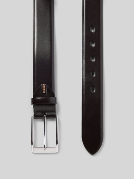 Produktfoto, Gürtel aus echtem Leder von Lloyd Men's Belts, schwarz glänzend, Dornschließe, Label-Detail, klassische Passform