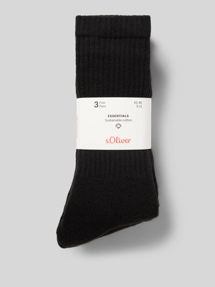 Produktfoto, Socken mit Stretch-Anteil im 3er-Pack von s.Oliver RED LABEL aus schwarzer Baumwollmischung mit Rippenbündchen und verstärkten Belastungszonen