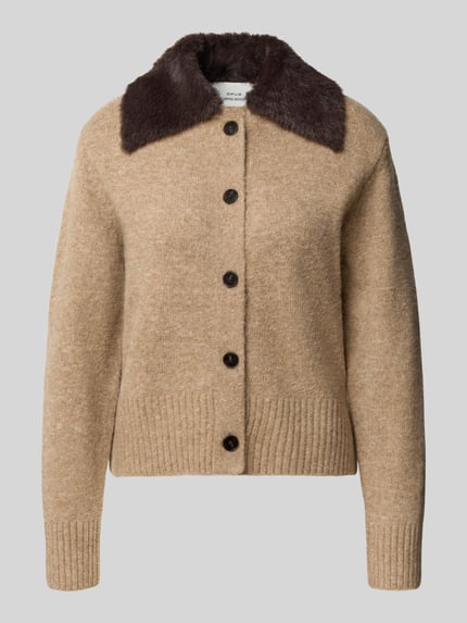 OPUS Slim Fit Strickjacke mit Kunstfellkragen Modell 'Dofur' Camel 2