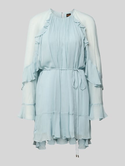Produktfoto, pastellblaues, tailliertes Freizeitkleid aus reiner Viskose Modell 'C_DREDIA' von BOSS Orange Damen, leichte Rüschentextur