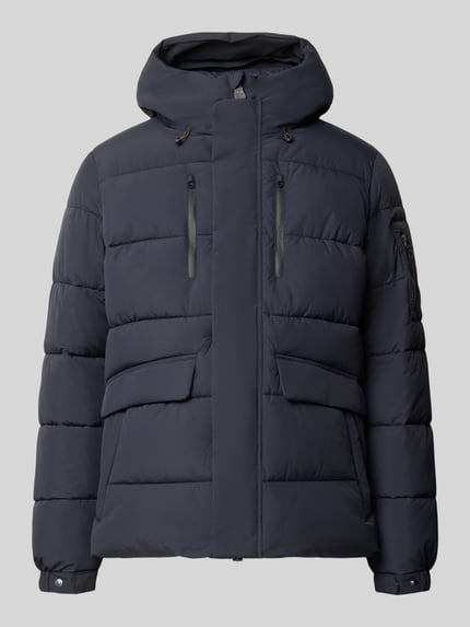Produktfoto, Regular Fit Steppjacke mit Kapuze Modell 'ESPEL' von SAVE THE DUCK in Dunkelblau mit verdecktem Reißverschluss und Pattentaschen