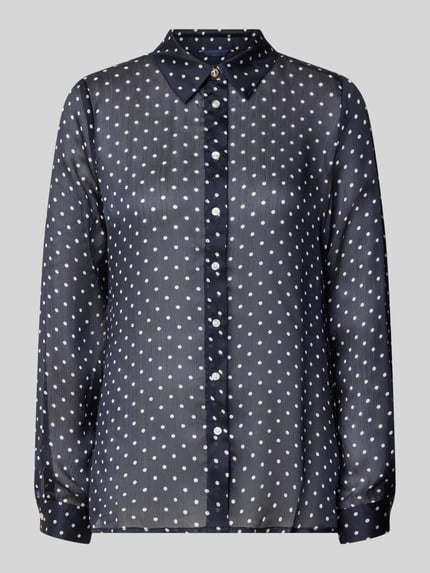Produktfoto, Regular Fit Hemdbluse im semitransparentem Design von GUESS, dunkelblau mit weißen Punkten, Hemdblusenkragen, durchgängige Knopfleiste, Langärmelig, Rückenlänge bei Größe S: 68 cm, Ärmellänge bei Größe S: 49 cm