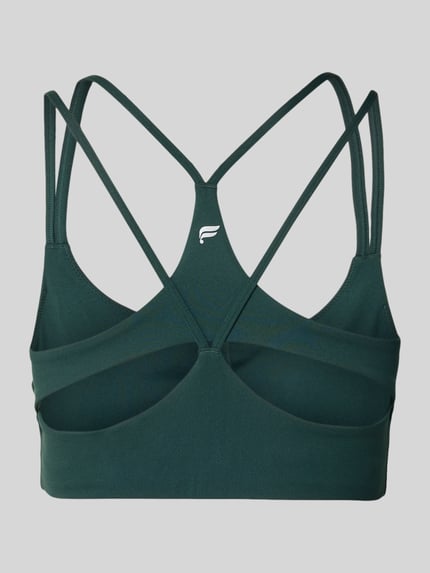Produktfoto, Slim Fit Sportbh mit Logoprint Model 'Principal' van Fabletics, donkergroen, rugdecolleté, dubbele spaghettibandjes, gladde textuur