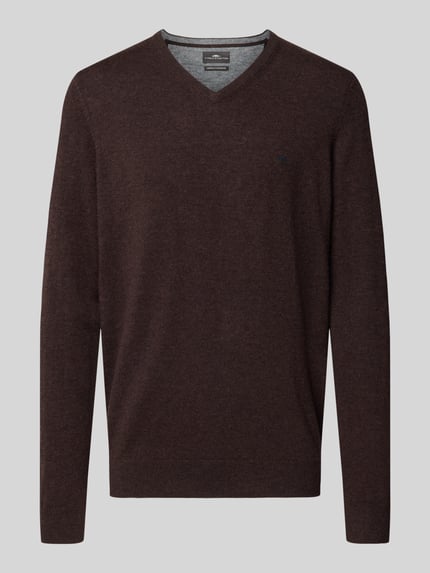 Produktfoto, Regular Fit Strickpullover aus Baumwoll-Mix mit Kaschmir-Anteil von Fynch-Hatton, braun, V-Ausschnitt, elastische Abschlüsse