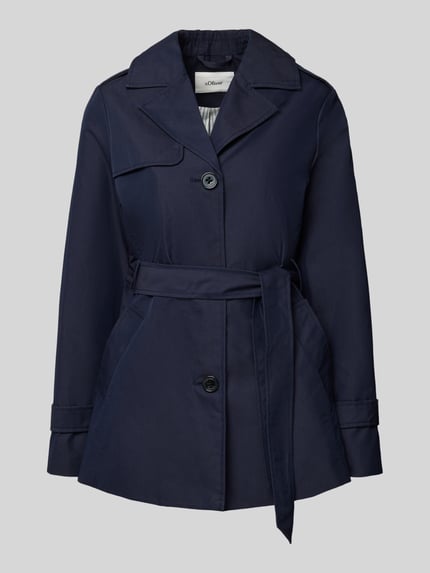 Produktfoto, Regular Fit Trenchcoat aus Baumwoll-Mix von s.Oliver RED LABEL in Dunkelblau, Reverskragen, Taillengürtel, Twillstruktur