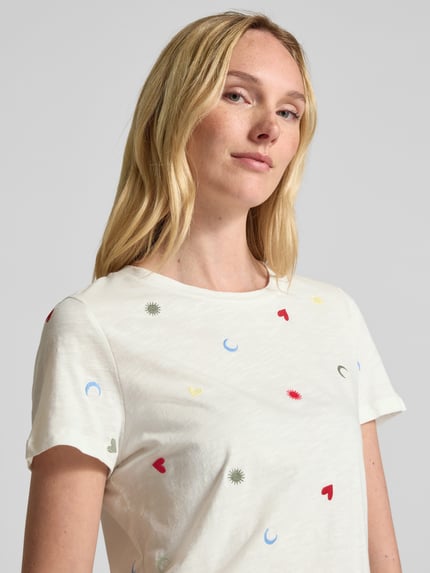 ICHI T-shirt z prążkowanym, okrągłym dekoltem model ‘OLYA’ Złamany biały 3