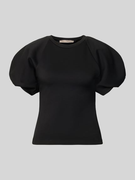 Productfoto, Bluse mit Ballonärmeln van Rinascimento in zwart, Materiaalmix met stretch, getailleerd, ronde hals, korte ballonmouwen, dames, ruglengte maat S 55 cm, mouwlengte maat S 27 cm