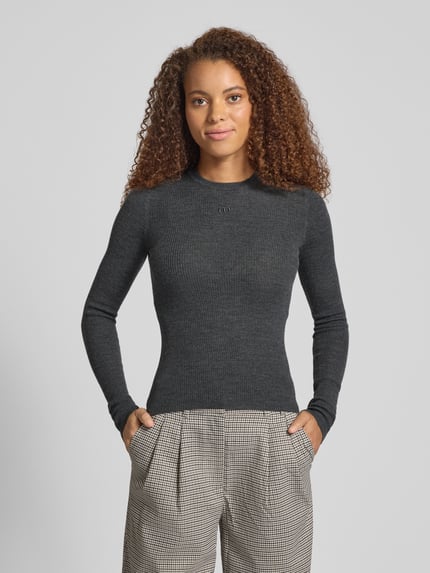 LeGer Sweter z dzianiny z wełny z haftem model ‘Corin Jumper’ Antracytowy 4