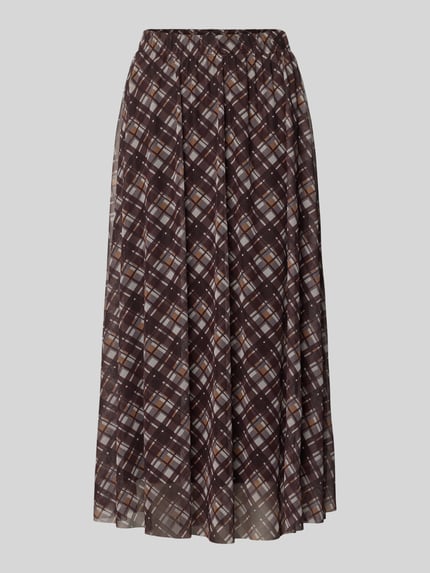 Produktfoto, Midirock aus Mesh im Allover-Look von Smith and Soul mit braunem, cremefarbenem und grauem Karomuster, A-Linie, strukturierte Oberfläche, Material-Mix mit Stretch-Anteil, Bundweite 38 cm, Gesamtlänge 84 cm