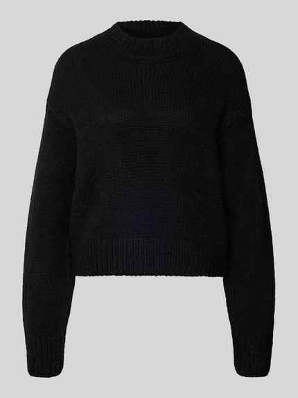 Produktfoto, Pullover aus Wolle Alpaka mit Rippbündchen von MARC CAIN, czarny, jednokolorowy, imitacja dzianiny, krój regular fit, krój krótki, sweter wełniany z dzianiny alpaki, faktura, okrągły dekolt, długie rękawy, prążkowane wykończenie, wykończenie dzianinowe