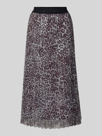 Produktfoto, Midirock in Falten-Optik mit Allover-Animal-Print van Marc Cain, lichte A-lijn, elastische tailleband, grijze en zwarte patronen, logo-stiksel, 86 cm lang, bundwijdte 38 cm