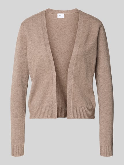 Produktfoto, Cardigan aus Viskose-Mix mit offener Front Modell 'VIRIL' von Vila in Beige, Gerader-Schnitt, Gerippte-Abschlüsse, Rückenlänge 54 cm, Ärmellänge 63 cm.