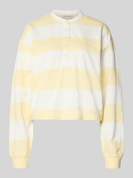 Produktfoto, Relaxed Fit sweatshirt met logo-stitching model 'Varsity' van Calvin Klein Jeans, puur katoen, langmouwig, knoopsluiting, ruglengte maat S 50 cm, brede gele en witte strepen, zachte textuur
