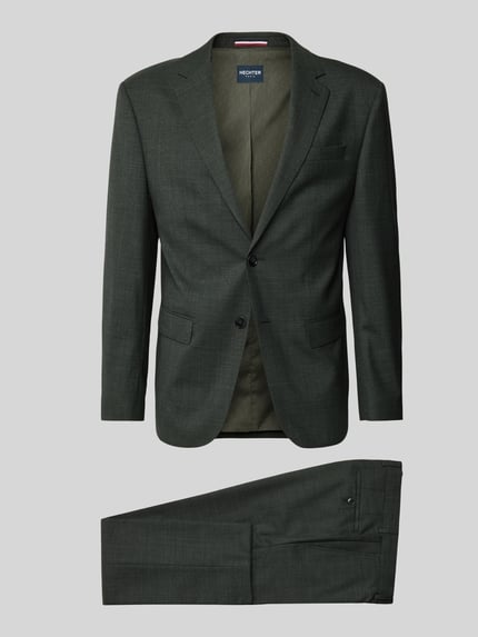 Produktfoto, Slim Fit Anzug aus Schurwoll-Mix von HECHTER PARIS in Dunkelgrün mit Reverskragen und Pattentaschen auf grauem Hintergrund.