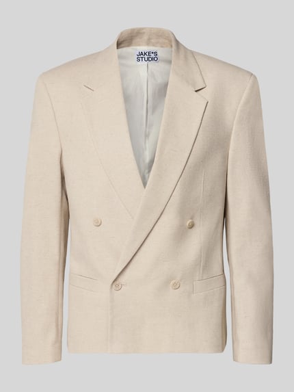 Produktfoto, Slim Fit Sakko mit Leinen-Anteil von JAKE*S STUDIO MEN in Beige, doppelreihig, Reverskragen, glatte Textur, Baumwoll-Leinen-Mix