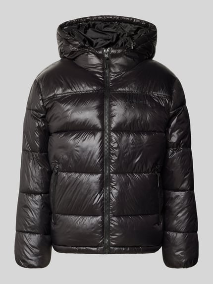 Produktfoto, Glänzende Steppjacke mit Kapuze und Reißverschlusstaschen von REVIEW in Schwarz, gerade Passform, elastische Ärmelabschlüsse