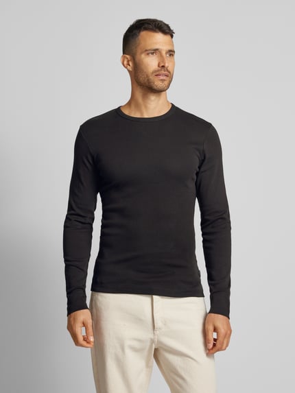 Lindbergh slim fit shirt met lange mouwen met geribde ronde hals Zwart - 4