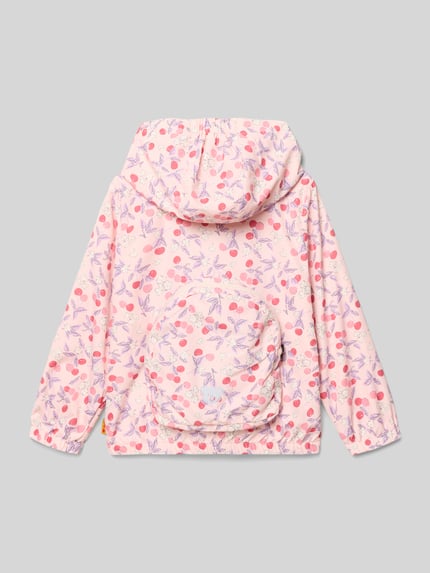 Productfoto, Jacke mit Kapuze und Motiv-Stitching van Steiff in roze met paars en rood motief, recht model, elastische boorden, ritssluiting, labeldetail, ruglengte maat 116 46 cm, schouderbreedte 32 cm, mouwlengte 43 cm