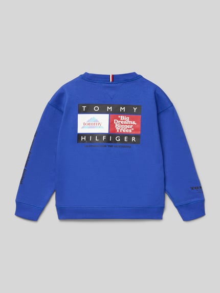 Jongen draagt Regular Fit Sweatshirt uit katoenmix van Tommy Hilfiger Kids, blauw, lange mouwen, labelprint, rugaanzicht, ganzkörperansicht rückansicht.