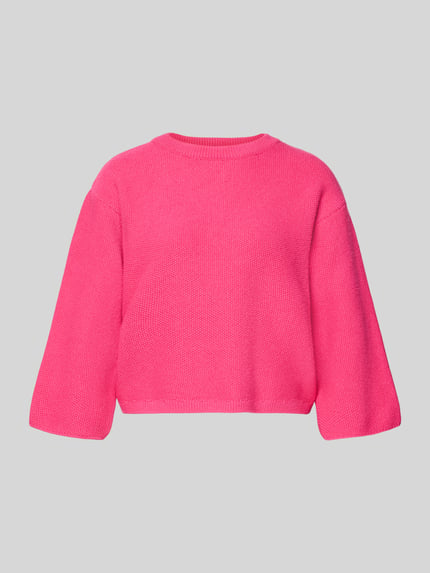 Produktfoto, Oversized Strickpullover aus Viskose-Mix mit Stehkragen von More & More in kräftigem Pink, grobe Struktur, überschnittene Schultern
