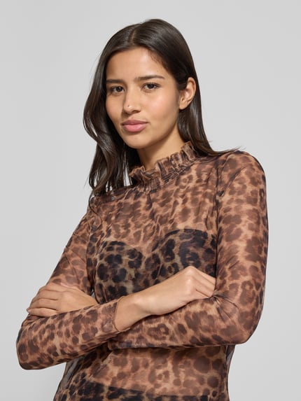 Oui Semitransparentes Longsleeve mit Rüschen Camel 3