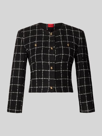 Produktfoto, Shaped Fit Kurzblazer mit Gitterkaro Modell 'ADINI-1' von HUGO, czarno-biała krata, bouclé, długi rękaw, złote guziki.