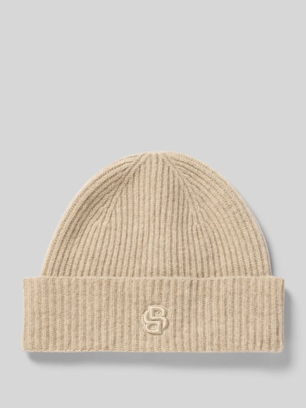 Productfoto, Mütze aus Wolle Kaschmir mit Logo-Applikation van BOSS in beige, uni, ribbrei, gestructureerd, logo detail, ruw oppervlak