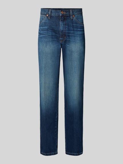 Produktfoto, blaue Straight Fit Jeans aus reiner Baumwolle Modell '13MWZ Cowboy' von Wrangler, dezente Waschung, sichtbare Textur