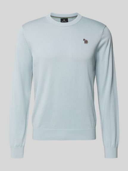 Produktfoto, Pullover mit Rundhalsausschnitt von PAUL SMITH in Hellblau, reine Baumwolle, Regular Fit, feine Struktur, Stitching sichtbar