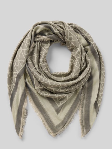 Productfoto, meerkleurige sjaal met all-over motief, labelopschrift en jacquard materiaalverwerking, volledig van modal, Tuch aus reinem Modal Modell 'EMBLEM AOP JACQUARD SQUAR' van CK Calvin Klein