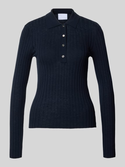 Produktfoto, Henley-Shirt aus Wolle - curated by Viky Rader von Style Icon Collection in Dunkelblau, Ripp- und Strick-Optik, Skinny Fit, Polokragen, lange Ärmel, Damen Poloshirt, reine Baumwolle