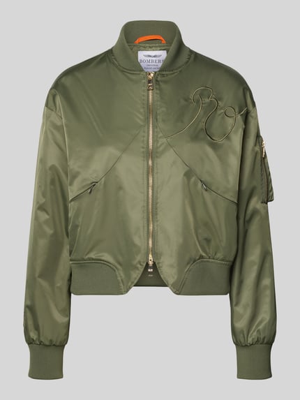 Produktfoto, Bomberjacke mit Zweiwege-Reißverschluss von Original Bombers in Olivgrün, Regular-Fit, Stehkragen, Stitching, Reißverschlusstaschen, glatte Struktur