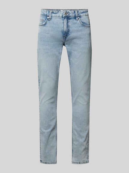 Produktfoto, Slim Fit Jeans aus Baumwoll-Mix mit Viskose-Anteil Modell 'LOOM' von Only & Sons, denim, 5-pocket, przetarte jasnoniebieskie, krój slim fit
