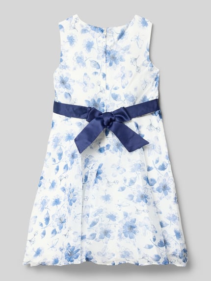 Produktfoto, Jurk met tailleband van DANAMADE, A-lijn, all-over look met blauwe bloemen, ronde hals, ruglengte bij maat 116: 68 cm