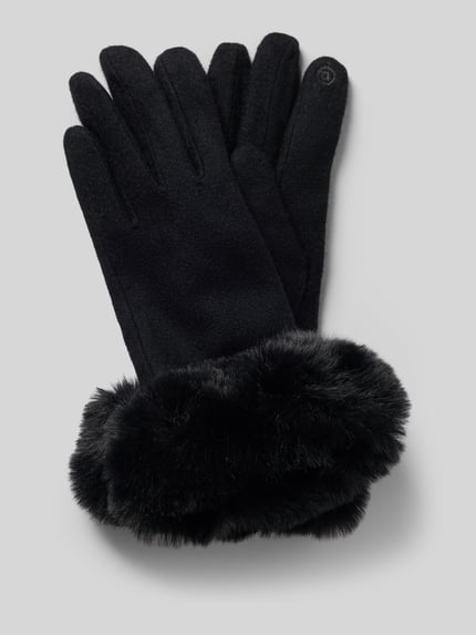 Produktfoto, Handschuhe aus Woll-Mix mit Kunstfellbesatz von EEM, czarny, miękka faktura, detal, damskie rękawiczki, kontekst: Damen Handschuhe von EEM, Woll-Mix, Kunstfellbesatz.