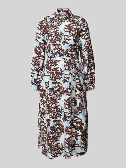 Productfoto, Hemdblusenkleid aus Viskose-Mix mit Bindegürtel van JAKE*S STUDIO WOMAN, A-lijn, midilengte, all-over print, overhemdkraag, knoopsluiting, riem, lichtblauw met bruine bloemen, gladde textuur.