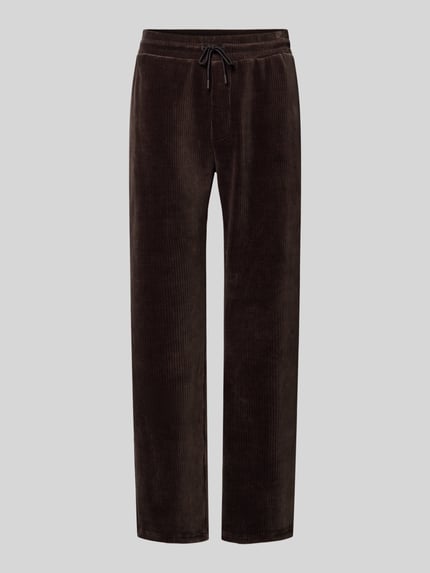 Produktfoto, Sweatpants mit elastischem Bund von MCNEAL z mieszanki bawełny ze stretchem, prosty krój, tunel, wpuszczane kieszenie, kieszeń z tyłu, długość wewnętrzna nogawki 75 cm dla rozmiaru M, brązowy kolor, tekstura sztruksowa