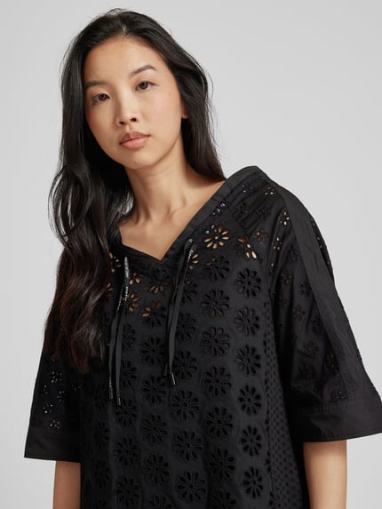 Marc Cain Knielange jurk met broderie anglaise Zwart - 3