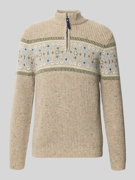 Produktfoto, Norwegerpullover aus Woll-Mix mit Troyer-Kragen von RAGMAN, beige mit grün-blauem Muster, grobe Strickstruktur, Regular Fit
