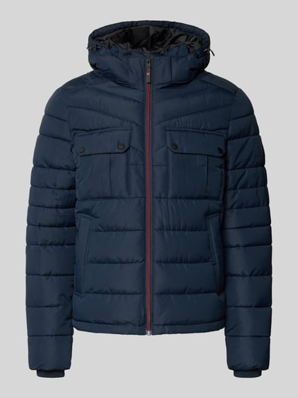 Productfoto, Steppjacke mit Brusttaschen van s.Oliver RED LABEL in effen donkerblauw, polyester met capuchon en ritssluiting, borst- en steekzakken, context heren Steppjacke