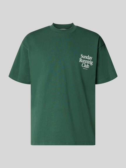 Produktfoto, T-Shirt mit Print und Rundhalsausschnitt von ANOTHER COTTON LAB, męski t-shirt z bawełny, krój relaxed fit, nadruk, okrągły dekolt, długość tyłu w rozmiarze M 69 cm, zielony, prosta forma, gładka tekstura