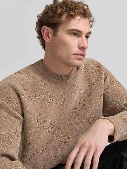 Männermodel trägt Regular Fit Strickpullover mit Label-Detail von COLUCCI, beige, Rundhalsausschnitt, Nahaufnahme Oberkörper.