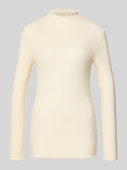 Produktfoto, Slim Fit Langarmshirt aus Lyocell-Mix von Marc O'Polo Denim in Creme, gestreifte Webware mit Frill-Abschlüssen und Label Patch