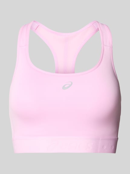 Produktfoto, hellrosa Sport-BH mit Racerback, Logo-Print und elastischem Logo-Saum, Modell 'ROAD COMPRESSION' von ASICS, glatte Stretch-Oberfläche