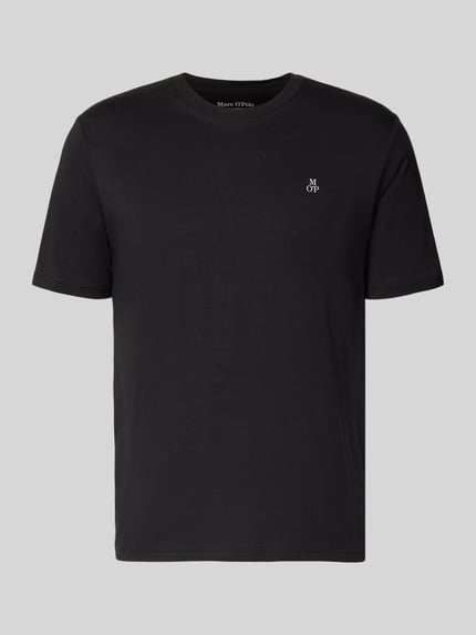 Produktfoto, T-Shirt mit Label-Print von MARC O'POLO in Schwarz, reine Baumwolle, gerader Schnitt, unifarben, gerippter Rundhalsausschnitt