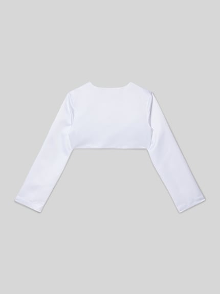 Produktfoto, Bolero aus Satin mit offener Vorderseite von Happy Girls, weiß, Cropped, glatte Textur, Rückenlänge 25 cm, Schulterbreite 31 cm, Ärmellänge 49 cm