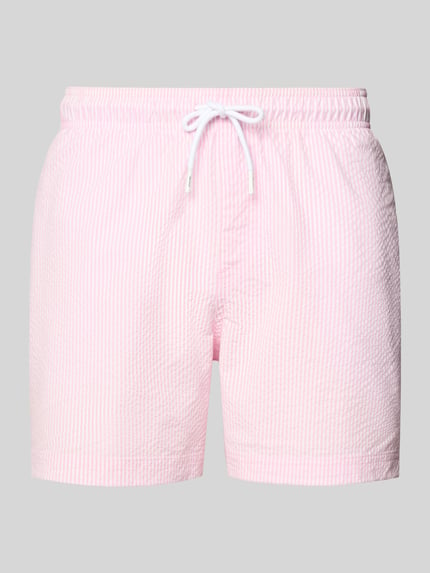 Produktfoto, Badehose aus Seersucker mit elastischem Bund Modell 'MAUI OCEAN' von Jack & Jones, Regular-Fit, Kordelzug, weiß-rosa gestreift