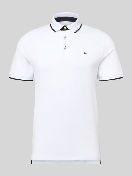 Produktfoto, Slim Fit Koszulka polo z dodatkiem wiskozy model 'Paulos' od JACK & JONES, mieszanka bawełny i wiskozy, krój slim fit, kołnierzyk polo, krótki rękaw, wyhaftowane logo, długość tyłu w rozmiarze M: 72 cm, białe z czarnymi detalami, gładka faktura